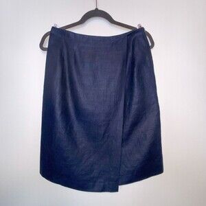 Breeches Linen Faux Wrap Skirt Womens 10 Navy Blue Knee Length Lined Made in USA